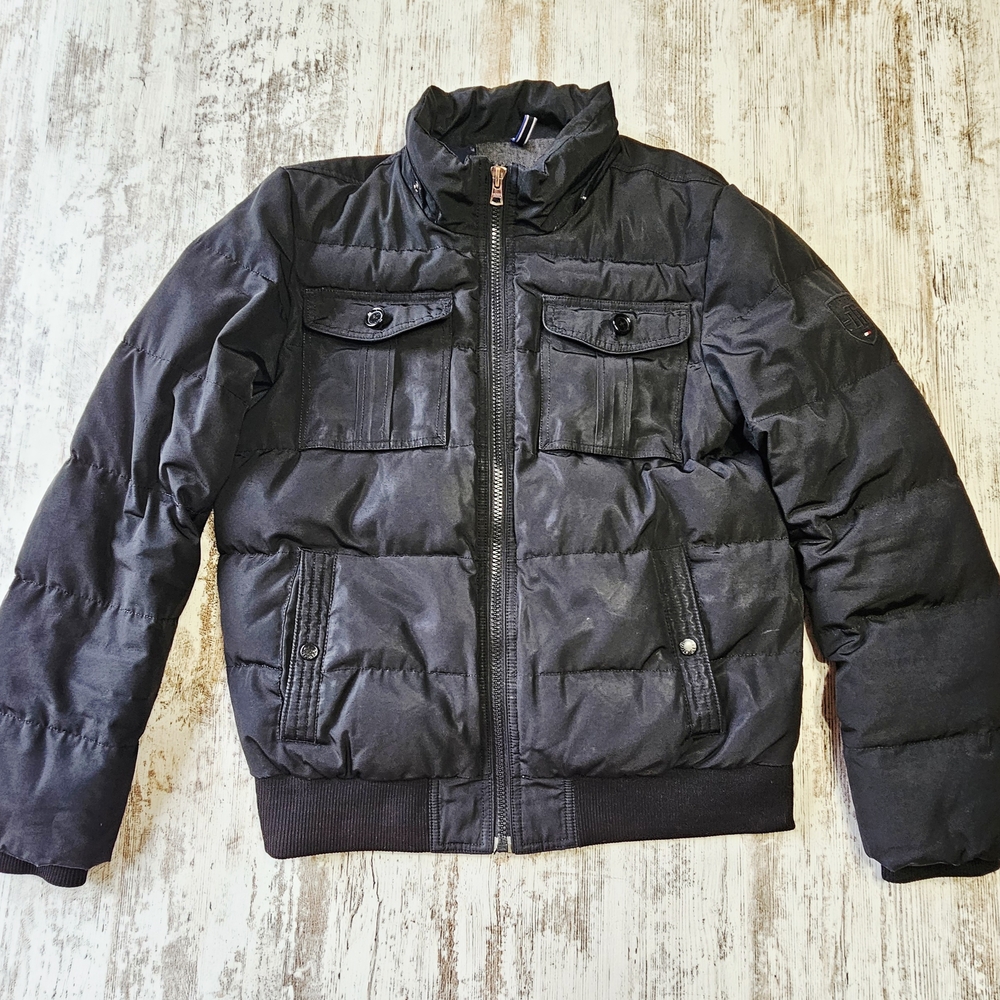 Tommy Hilfiger Jacket Black Insulated Bomber Jacket Size XL Full Zip Snap Pocket
